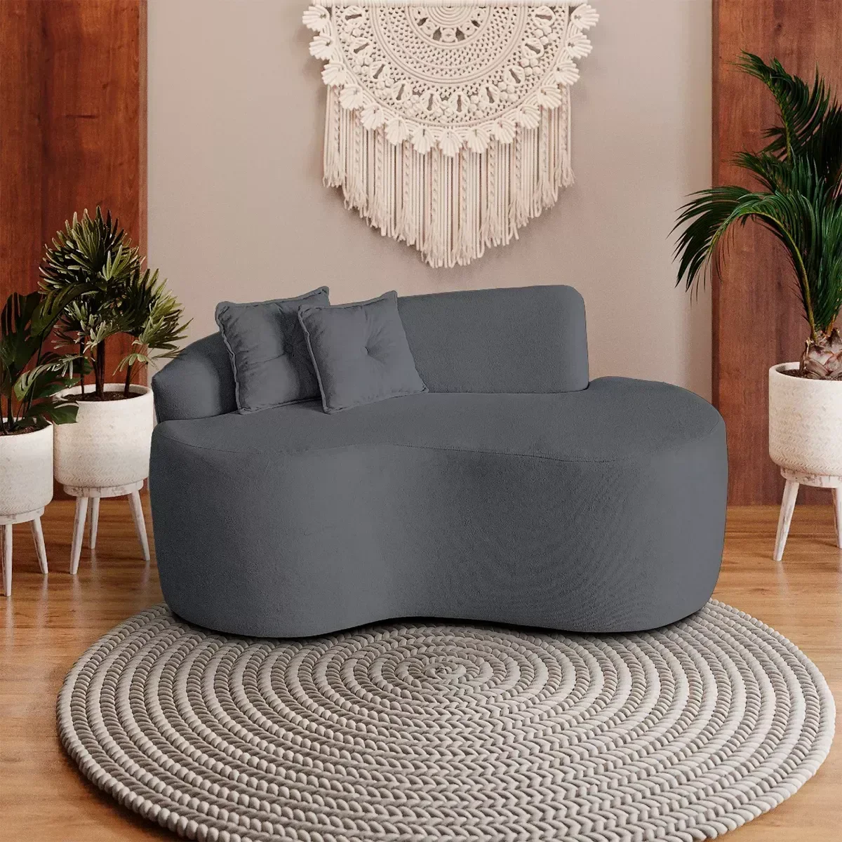 Sofá Feijão Curvo Pequeno 2 Lugares Moderno Forma Orgânica Bouclé Cinza - 8