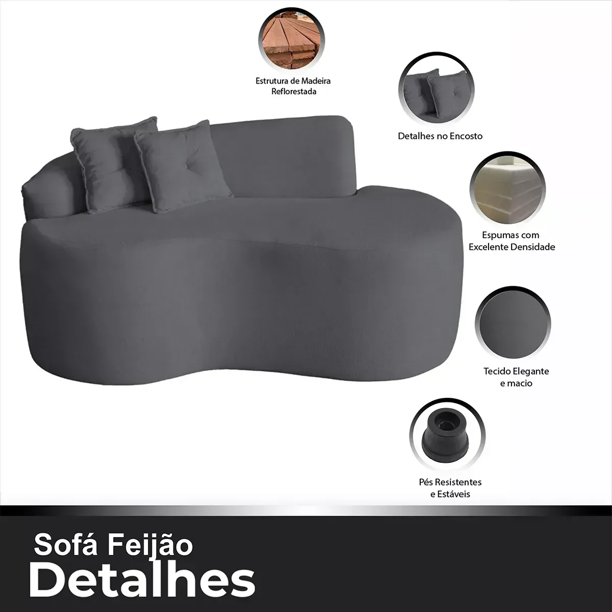 Sofá Feijão Curvo Pequeno 2 Lugares Moderno Forma Orgânica Bouclé Cinza - 7