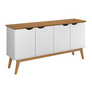 Buffet / Balcão Pr 1.60m 4 Portas Estilo Retrô com Pés em Madeira Maciça Cor Branco / Cumaru