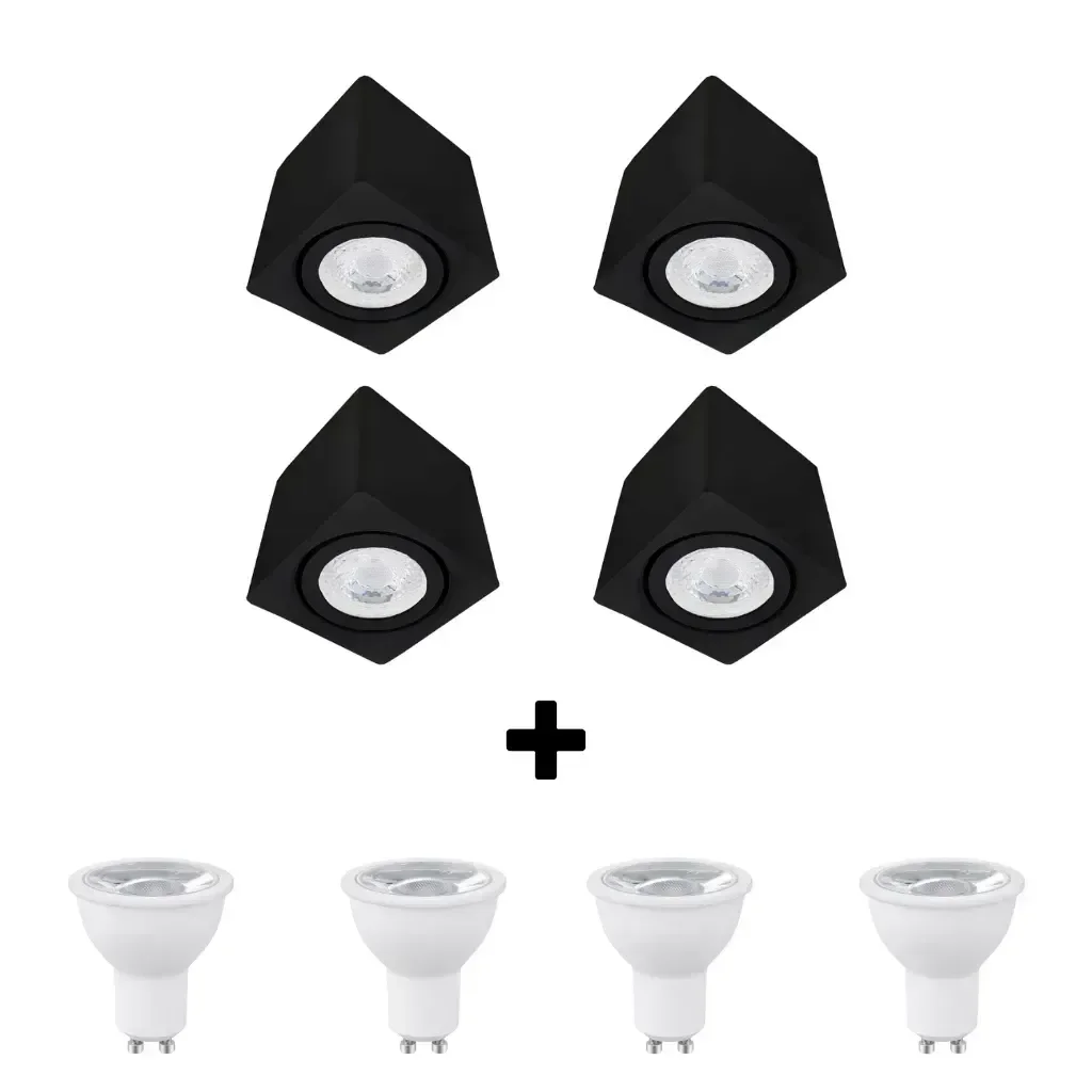 Ver imagem 1 de Kit 4 Spot Sobrepor Teto Beiral para Lampada Dicroica Preto Direcionável + 4 Lâmpadas Led 4000k