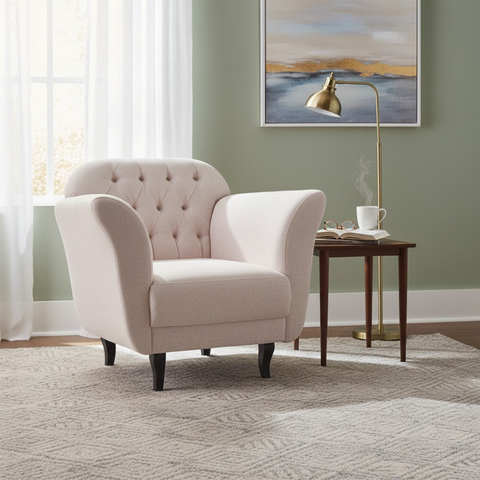 Poltrona Decorativa Dália Linho Bege Pés Madeira Mz Decor