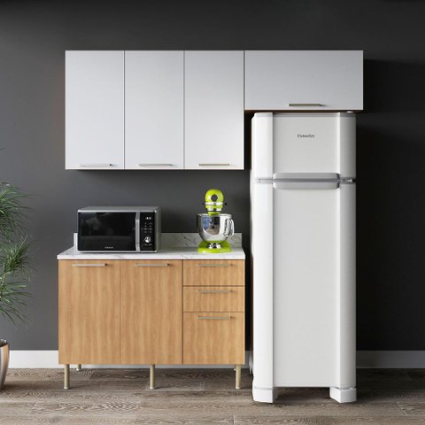 Cozinha Modulada Estela 200cm Aéreo e Balcão 3 Peças Cor:freijó com Branco