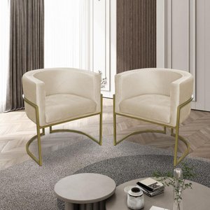 Kit 02 Poltronas para Sala Decorativa Luna Base Ferro Dourado Veludo Bege Visan Estofados