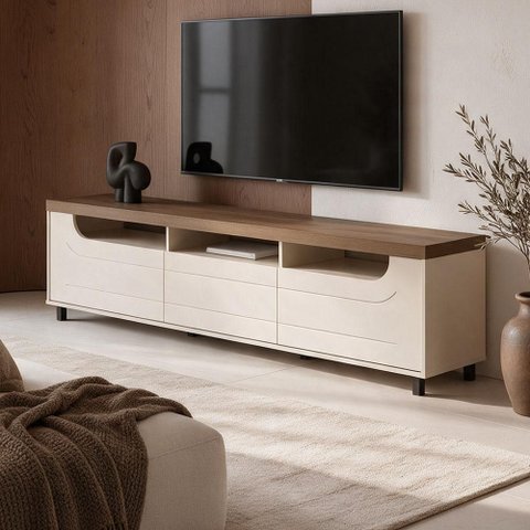 Rack para Sala de Estar TV 75 pol 200cm 2 Portas 1 Gaveta Solar A05 Pinho Off White - Lyam Decor