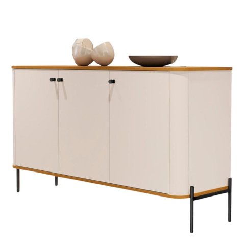 Buffet Aparador para Sala de Estar 3 Portas Pés em Aço - Off White Nature Preto