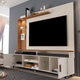 Rack Home Painel para Tv 65 Pol 2 Prateleira Led Rodízios:off White/canela - 4