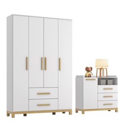 Jogo de Quarto Infantil Alegria com Guarda Roupa e Cômoda Branco Fosco - Móveis Henn - 1