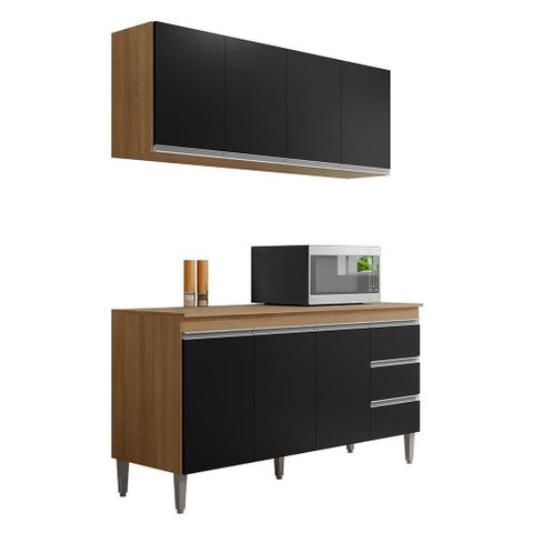 Kit de Cozinha Andréia Balcão 150cm Amêndoa-preto com Tampo Mdp e Aéreo - Ajl Móveis Amêndoa-