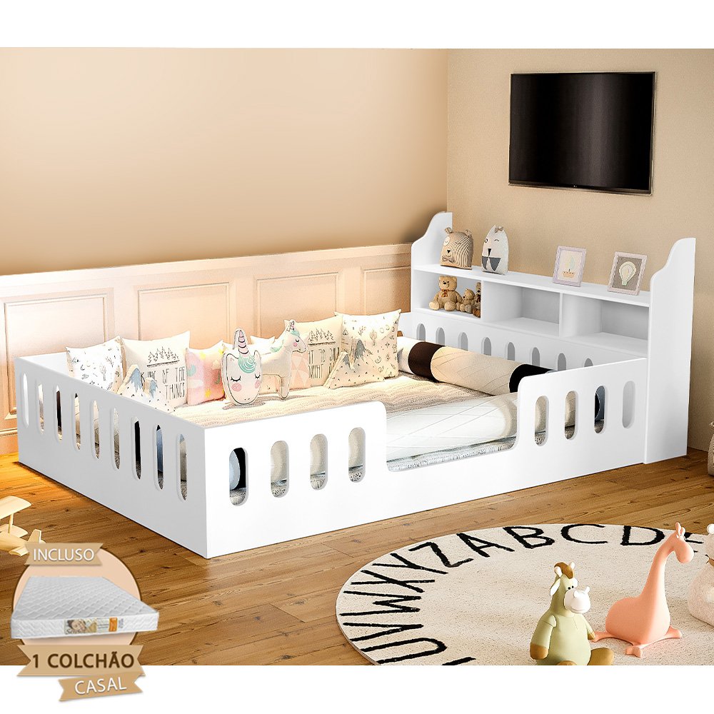 Cama Casal Design Montessoriana Helo com Nicho e Colchão D28 Branca - Divaloto Móveis