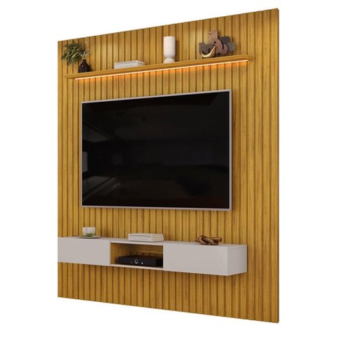 Painel Trento para TV com Bancada 223 Ripado Cedro Bali com LED -DJ Móveis