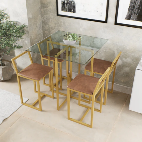 Conjunto Mesa Vidro 4 Cadeiras Pequena Estofado Marrom Industrial Don Castro Decor