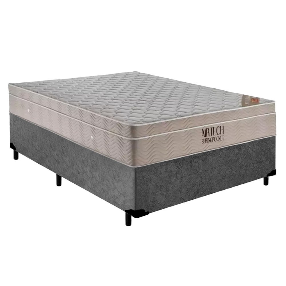 Cama Box Casal Suede + Colchão Ortobom Airtech Molas Ensacadas 138x188x65 Cor:cinza