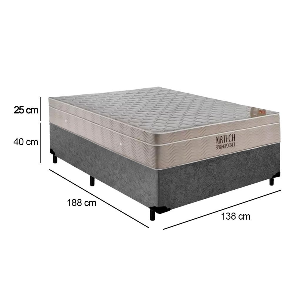 Cama Box Casal Suede + Colchão Ortobom Airtech Molas Ensacadas 138x188x65 Cor:cinza - 3