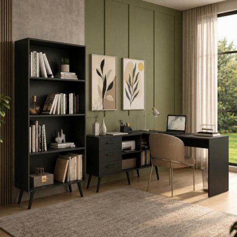 Kit Escrivaninha em L com Estante Multiuso e 3 Gavetas Línea Office Multimóveis MP6081 Preto