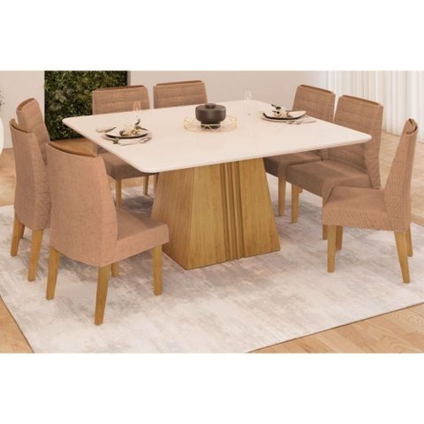 Sala de Jantar Completa Itália Tampo Madeirado C- Vidro Curvo 136x136cm e 8 Cadeiras Ondina Cedro-