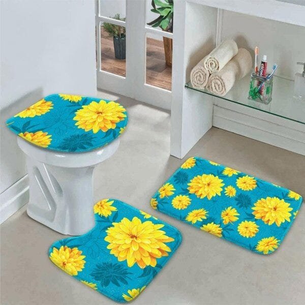 Jogo Tapetes para Banheiro Flor Amarela com Azul Único - 1