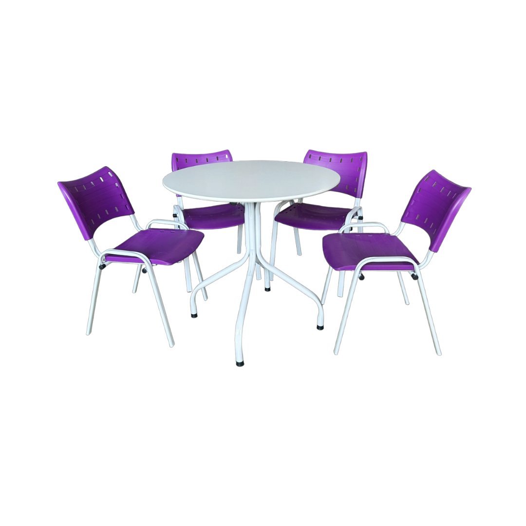 Jogo Mesa Redonda para Restaurante Comércio com 4 Cadeiras Iso Roxa Base Branca - 1