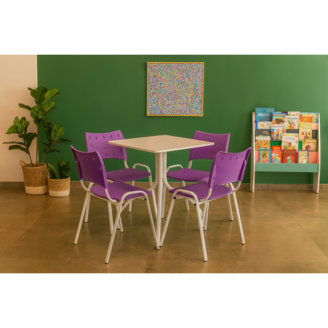 Jogo Mesa Redonda para Restaurante Comércio com 4 Cadeiras Iso Roxa Base Branca Ecomhome