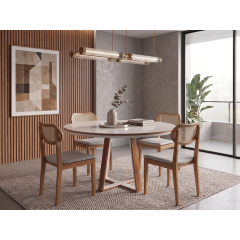 Sala de Jantar Atlanta 120cm Redondo c/Vidro com 4 Cadeiras Madeira Maciça Viena Tela Cinamomo/Off L