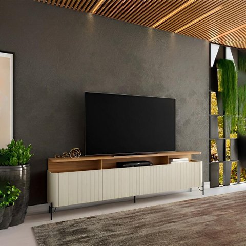 Rack para Sala com Portas Brise 180cm Pés em Metal 100% Mdf Cor:louro e Luna com Preto