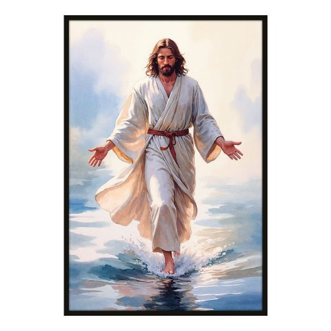 Quadro Decorativo Jesus sobre As Águas Cor:moldura Preta;título:62x92 sem Vidro Acrílico
