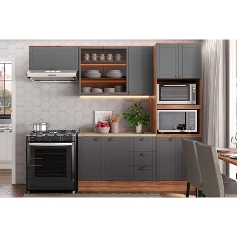 Cozinha Completa Bella 4 Peças (2aéreos+1balcão+1torrequente) C4p197 Nogal/cinza - Carraro