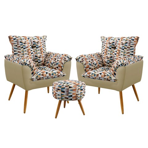 Kit 2 Poltronas Beta com Puff Solar Suede Estampado Laranja com Bege Aradecor