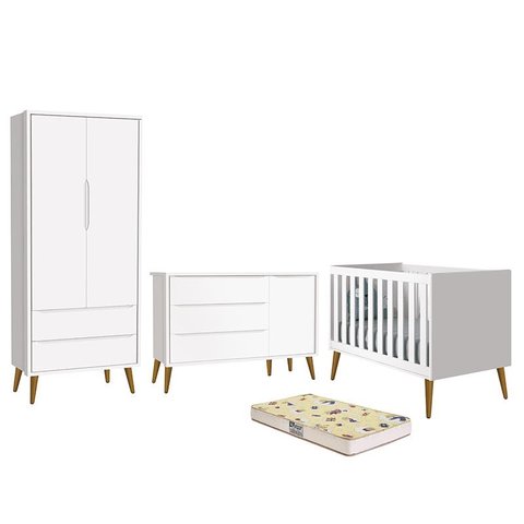Dormitório Infantil Theo Retrô 2 Portas, Cômoda 1 Porta, Berço Branco com Pés Amadeirado e Colchão D