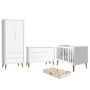 Ver imagem 1 de Dormitório Infantil Theo Retrô 2 Portas, Cômoda 1 Porta, Berço Branco com Pés Amadeirado e Colchão D