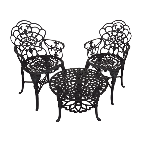 Conjunto de Mesa para Jardim com 2 Poltronas e Mesa Baixa Jardim Preto Fosco em Alumínio Fundido Uni