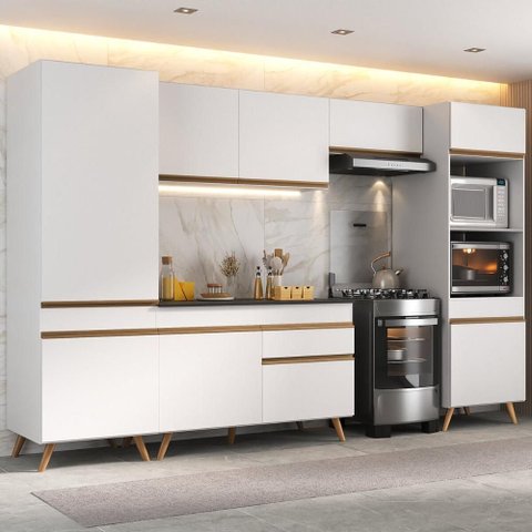 Armário Cozinha Modulada Completa 314cm com Balcão Veneza Multimóveis Mp3756 Branco/dourado