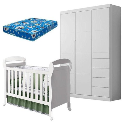 Berço Americano Danny e Guarda Roupa Infantil Eloá Branco Acetinado com Colchão Ortobom –