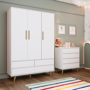 Quarto de Bebê Cômoda Gaveteiro Guarda Roupa Lorena 3 Portas Branco Carolina Baby