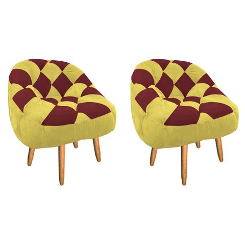 Kit 02 Poltrona Paloma Escritório Sala Pé Palito Suede Amarelo e Suede Vinho - Dominic Decor