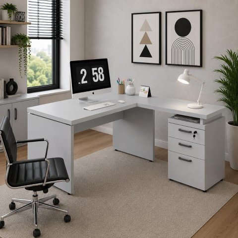 Mesa em L 150cm x 160cm Moderno 3 Gavetas MDP Cinza F5 Office