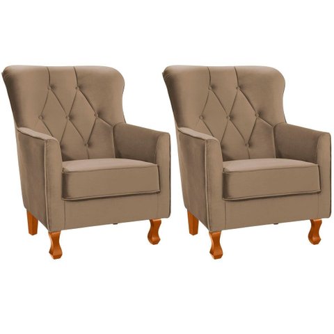Kit 2 Poltronas para Sala Decorativas c/ Capitonê Carrara Veludo Castor