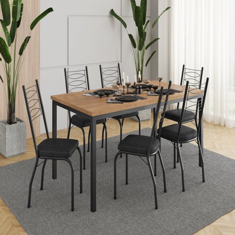 Conjunto Sala de Jantar Mesa Retangular Tampo BP com 6 Cadeiras Adriana Preto/Sf/Demolição