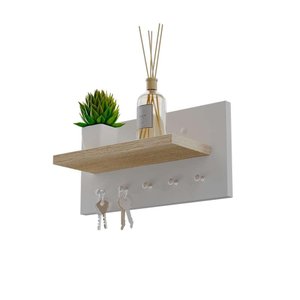 Porta Chaves Minimalista de Parede com 5 Pinos Branco e Carvalho