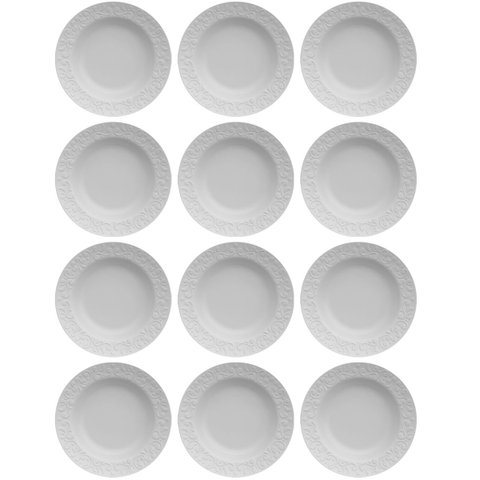 Jogo 12 Pratos Germer Branco Fundos Redondos 23,5cm em Porcelana com Relevo Tassel Restaurante Hotel