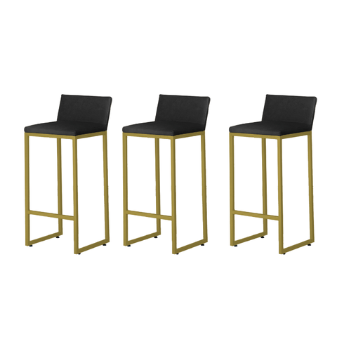 Kit3 Banquetas Alta Dani Reforçada Balcão Bancada Cozinha Bar Área Gourmet Base Dourada Corino Preto