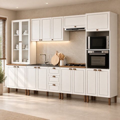 Cozinha Modulada Completa 6 Peças Modelo Americano Provençal sem Tampo de 120 cm Branco/Ébano