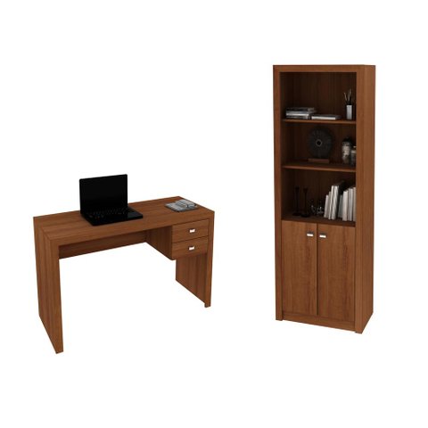 Escritório com Mesa para Computador 2 Gavetas com Armário Pareteleira 2 Portas Amendoa - Fdecor