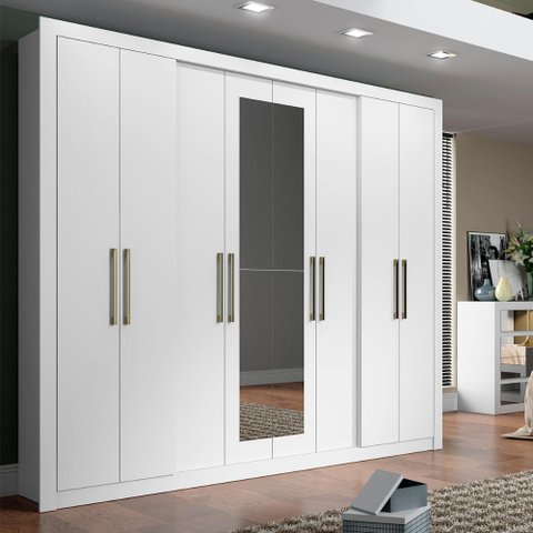 Roupeiro Héster C/ Espelho 2,43m 8 Portas Mdp Carraro Branco Cor:branco