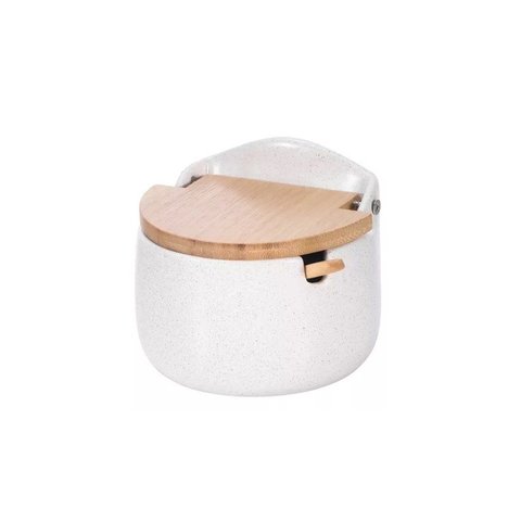 Saleiro em Cerâmica com Tampa e Colher de Bambu - Branco