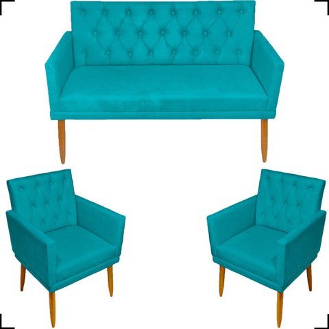 Kit Namoradeira Decorativa Para Sala Capitonê Com Base + 2 Poltronas Para Recepção Suede