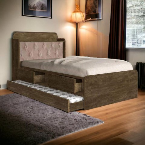 Cama Tamires Castanho com Auxiliar Capitonê e 02 Colchões