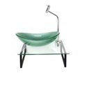 Ver imagem 1 de Kit Cuba de Vidro Oval 10mm Verde Oliva com Tampo 40cm Incolor e Suporte Preto