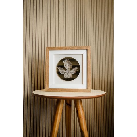 Quadro Oração Santo Anjo Led Acrílico Dourado 28x28cm Moldura Dupla em Madeira Vidro