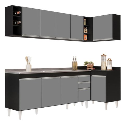 Armário de Cozinha Modulado de Canto Esquerdo 5 Peças Cp54 com Pia Inox Preto-cinza - Lumil