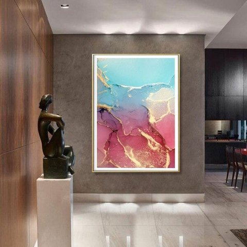 Quadro com Moldura Chanfrada Abstrato Azul com Rosa Grande